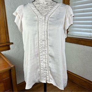 JOIE Satiny Button Front Ruffle Short Sleeve Blouse Size M